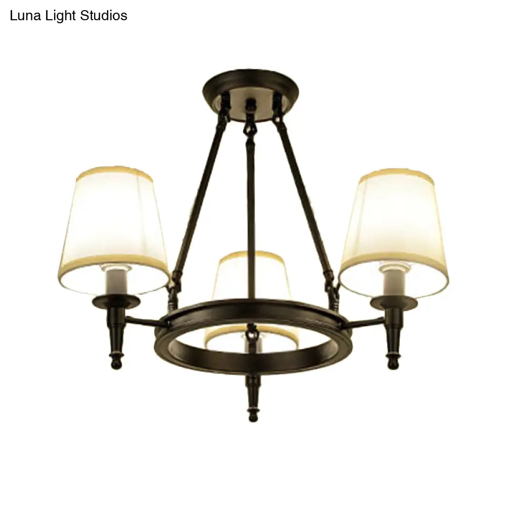 Traditional Tapered Pendant Chandelier - Fabric 3/6/8-Light Black Hanging Fixture With Wagon Wheel