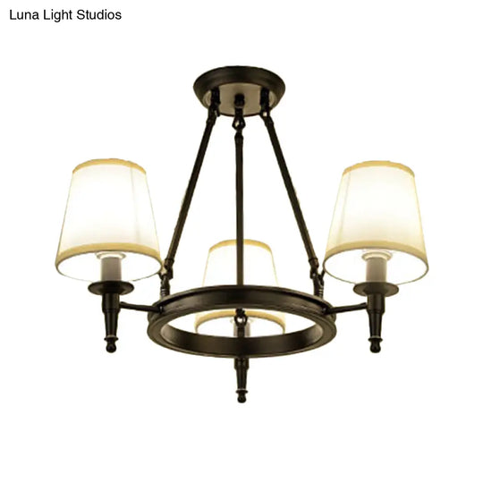 Traditional Tapered Pendant Chandelier - Fabric 3/6/8-Light Black Hanging Fixture With Wagon Wheel