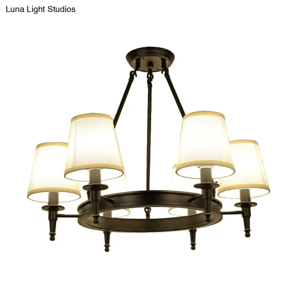 Traditional Tapered Pendant Chandelier - Fabric 3/6/8-Light Black Hanging Fixture With Wagon Wheel