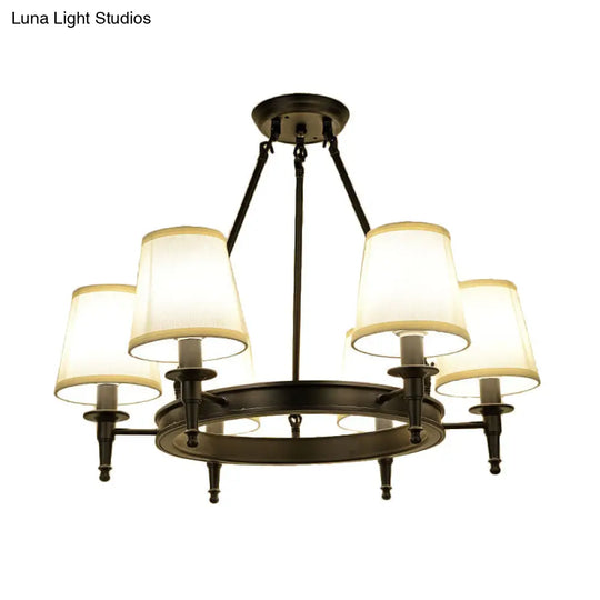 Traditional Tapered Pendant Chandelier - Fabric 3/6/8-Light Black Hanging Fixture With Wagon Wheel