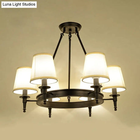 Traditional Tapered Pendant Chandelier - Fabric 3/6/8-Light Black Hanging Fixture With Wagon Wheel