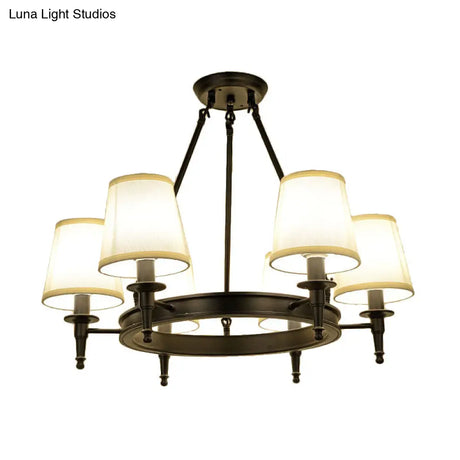 Traditional Tapered Pendant Chandelier - Fabric 3/6/8-Light Black Hanging Fixture With Wagon Wheel