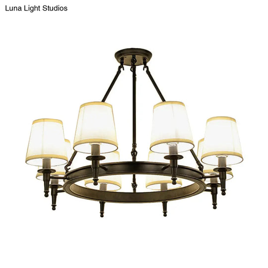 Traditional Tapered Pendant Chandelier - Fabric 3/6/8-Light Black Hanging Fixture With Wagon Wheel