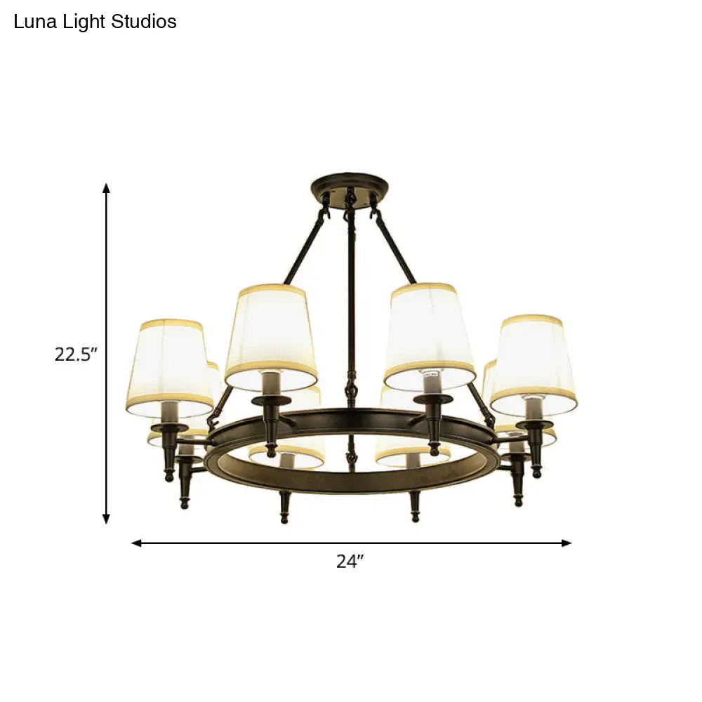 Traditional Tapered Pendant Chandelier - Fabric 3/6/8-Light Black Hanging Fixture With Wagon Wheel