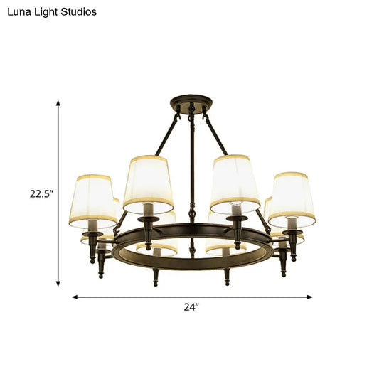 Traditional Tapered Pendant Chandelier - Fabric 3/6/8-Light Black Hanging Fixture With Wagon Wheel