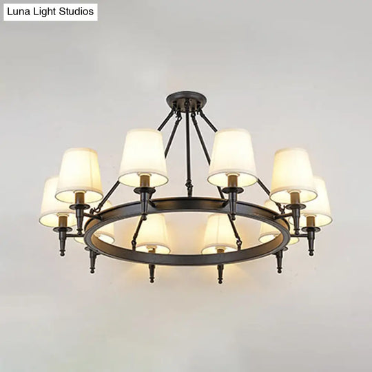Traditional Tapered Pendant Chandelier - Fabric 3/6/8-Light Black Hanging Fixture With Wagon Wheel
