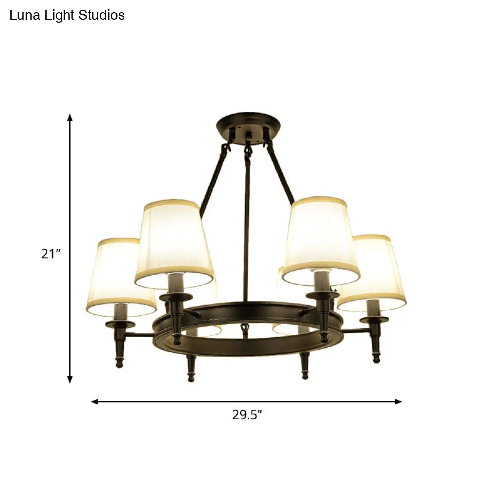 Traditional Tapered Pendant Chandelier - Fabric 3/6/8-Light Black Hanging Fixture With Wagon Wheel