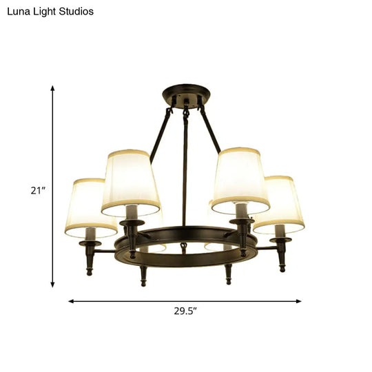 Traditional Tapered Pendant Chandelier - Fabric 3/6/8-Light Black Hanging Fixture With Wagon Wheel