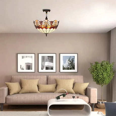 Traditional Tiffany Stained Glass Ceiling Lamp - Scalloped Semi Flush 12’ Or 16’ Bronze Finish
