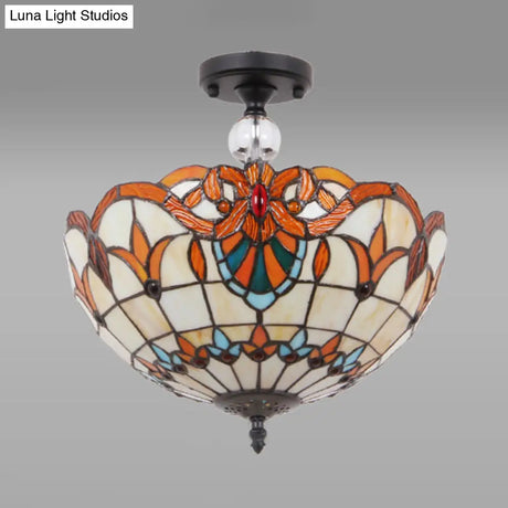 Traditional Tiffany Stained Glass Ceiling Lamp - Scalloped Semi Flush 12’ Or 16’ Bronze Finish