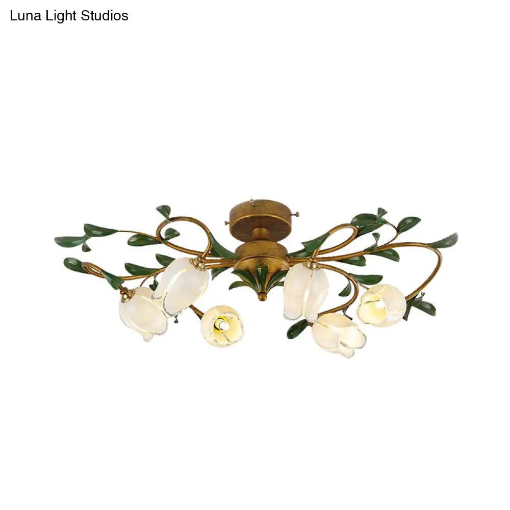 Traditional Tulip Glass Semi Flush Mount Chandelier - White/Yellow 6-Light Fixture For Dining Room