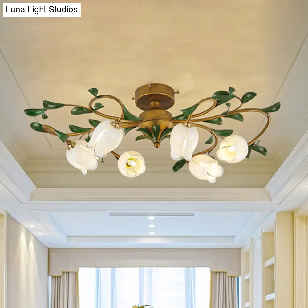 Traditional Tulip Glass Semi Flush Mount Chandelier - White/Yellow 6-Light Fixture For Dining Room