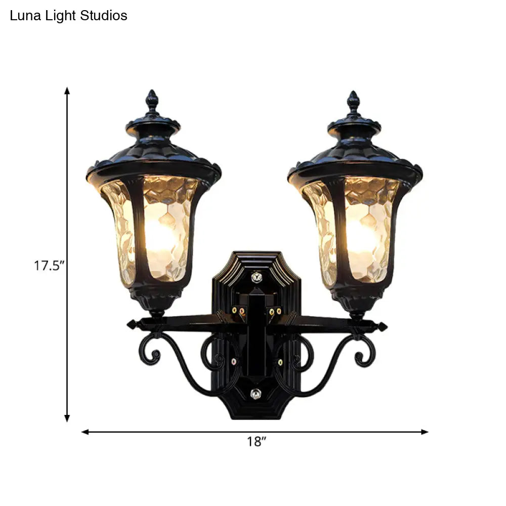 Traditional Urn-Shade Clear Dimple Glass Sconce Lamp - 2 Bulbs Wall Mount Light In Black