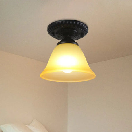 Traditional White/Amber Glass Flush Mount Ceiling Lamp For Living Room With 1 Light Cone Amber