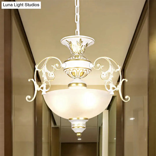 Traditional White/Black Frosted Glass Chandelier Light - 3 Bulbs Bowl Ceiling Fixture For Corridor