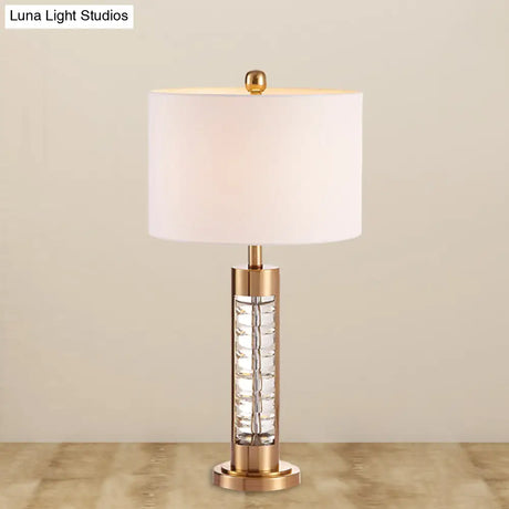 Traditional White Fabric Table Lamp With Gold Metal Base - Round Shade Nightstand Light