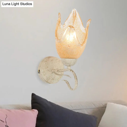 Traditional White Floral Wall Sconce Light With Frosted Glass Elegant 1-Head Lighting For Living