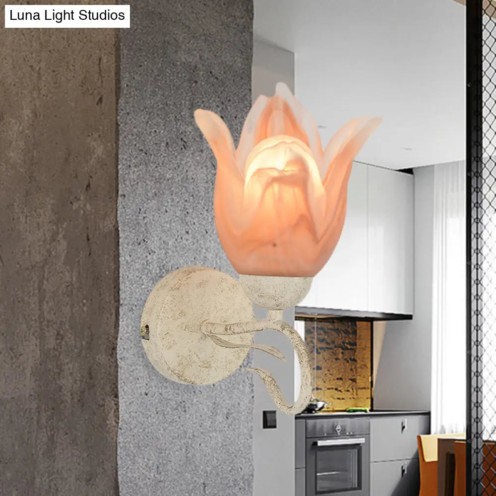 Traditional White Floral Wall Sconce Light With Frosted Glass Elegant 1-Head Lighting For Living