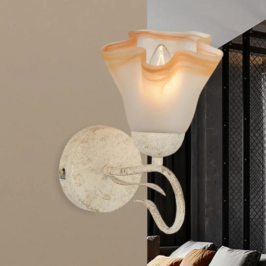 Traditional White Floral Wall Sconce Light With Frosted Glass Elegant 1-Head Lighting For Living