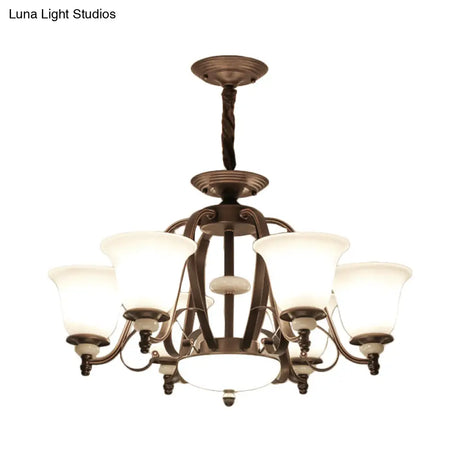 Traditional White Glass Chandelier Lamp With Dark Coffee Bell Shades - 3/6/8 Lights For Living Room