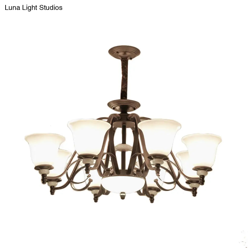 Traditional White Glass Chandelier Lamp With Dark Coffee Bell Shades - 3/6/8 Lights For Living Room