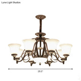 Traditional White Glass Chandelier Lamp With Dark Coffee Bell Shades - 3/6/8 Lights For Living Room