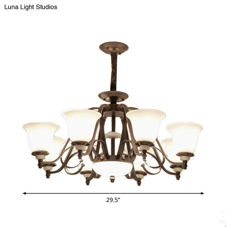 Traditional White Glass Chandelier Lamp With Dark Coffee Bell Shades - 3/6/8 Lights For Living Room