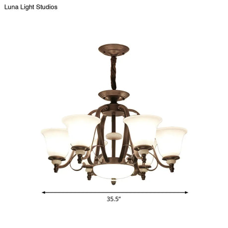 Traditional White Glass Chandelier Lamp With Dark Coffee Bell Shades - 3/6/8 Lights For Living Room