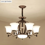 Traditional White Glass Chandelier Lamp With Dark Coffee Bell Shades - 3/6/8 Lights For Living Room