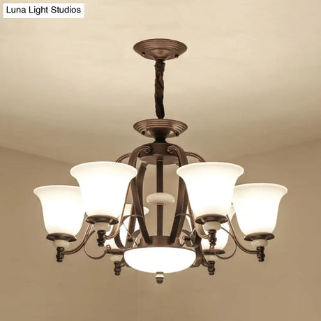 Traditional White Glass Chandelier Lamp With Dark Coffee Bell Shades - 3/6/8 Lights For Living Room