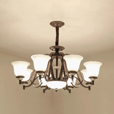 Traditional White Glass Chandelier Lamp With Dark Coffee Bell Shades - 3/6/8 Lights For Living Room