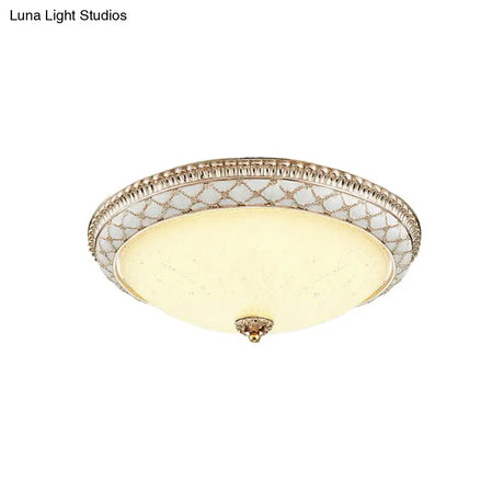 Traditional White Glass Led Flush Mount With Carved Trim – Bowl - Shaped Bedroom Beige Flushmount
