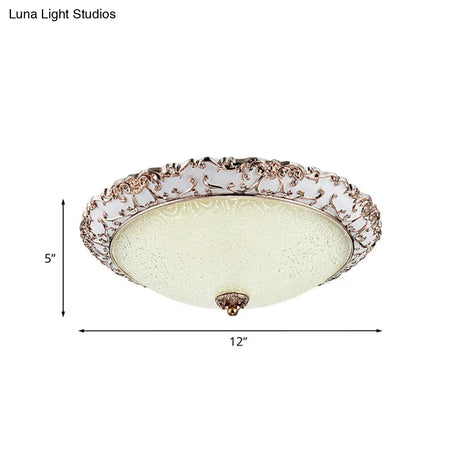 Traditional White Glass Led Flush Mount With Carved Trim – Bowl - Shaped Bedroom Beige Flushmount