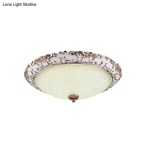 Traditional White Glass Led Flush Mount With Carved Trim – Bowl - Shaped Bedroom Beige Flushmount