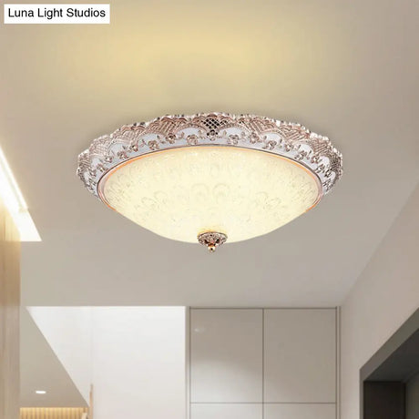Traditional White Glass Led Flush Mount With Carved Trim – Bowl - Shaped Bedroom Beige Flushmount