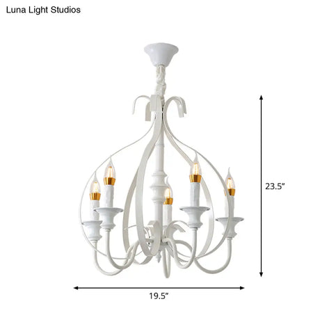 Traditional White Metal Chandelier Light With Swooping Arms 5 Lights For Dining Room Pendant