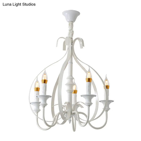 Traditional White Metal Chandelier Light With Swooping Arms 5 Lights For Dining Room Pendant