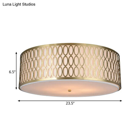 Traditional White Round Ceiling Mounted Lamp With Gold Metal Mesh Frame - 4-Light Fabric Flush