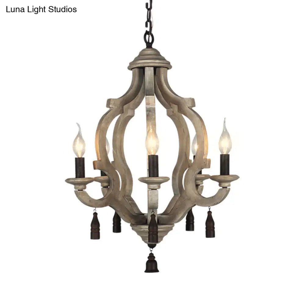 Traditional Wood Ceiling Light: 5-Light Dark/Wood/White Lantern Chandelier For Bedroom