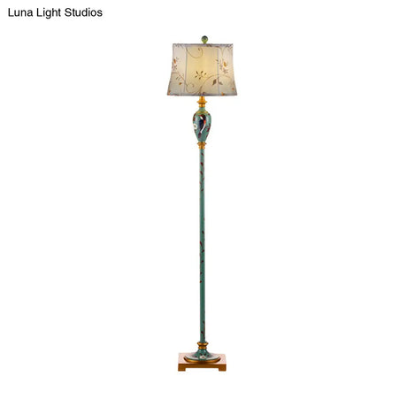 Traditional Wood Floor Lamp: Green Patterned Vase Stand With Bell Fabric Shade
