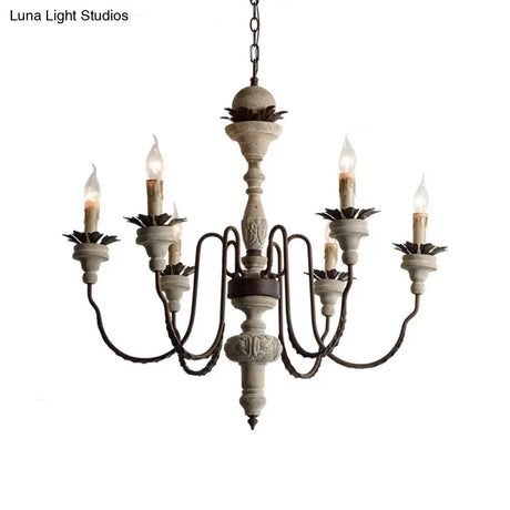 Traditional Wood Pendant Chandelier - 6 Lights Distressed White Living Room Lighting