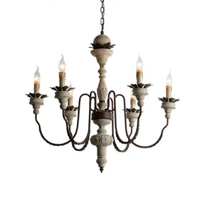 Traditional Wood Pendant Chandelier - 6 Lights Distressed White Living Room Lighting