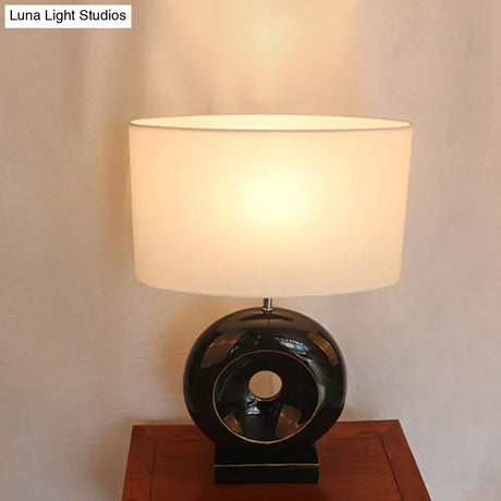 Transitional Resin Table Light With Silver/Black Finish Rectangle/Drum Fabric Shade And 1 Bulb