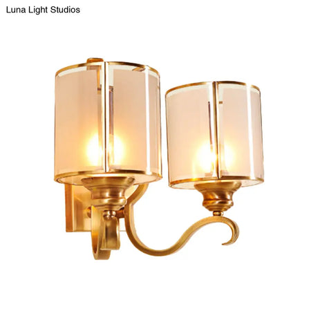 Translucent Glass Cylinder Sconce Vintage Wall Lamp Fixture With Curved Arm - Gold 1/2-Light Corner