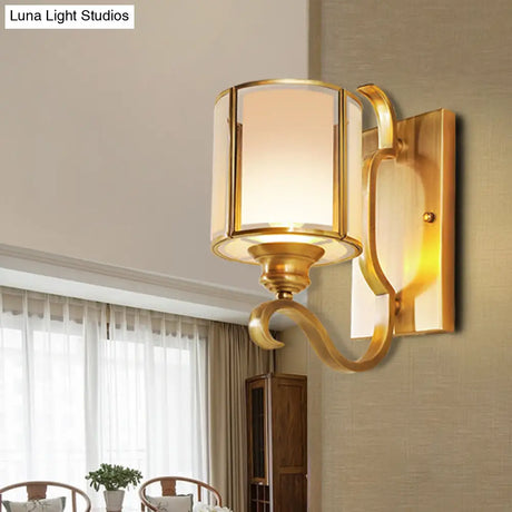 Translucent Glass Cylinder Sconce Vintage Wall Lamp Fixture With Curved Arm - Gold 1/2-Light Corner