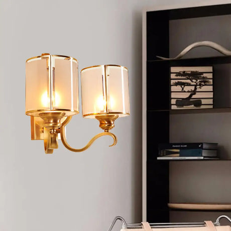 Translucent Glass Cylinder Sconce Vintage Wall Lamp Fixture With Curved Arm - Gold 1/2-Light Corner