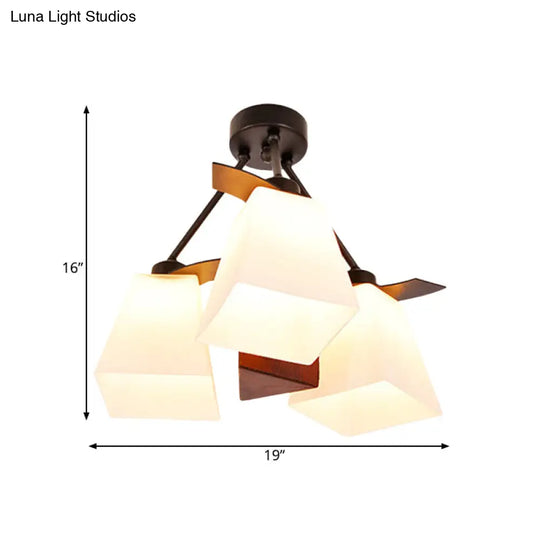 Trapezoid Semi Flush Ceiling Lamp With White Glass And Wood Cylinder Shade - 3/5 Lights