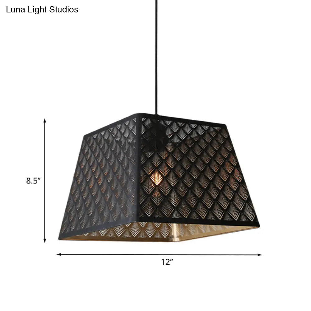 Trapezoidal Trellis Pendant: Industrial Black Iron Ceiling Lamp