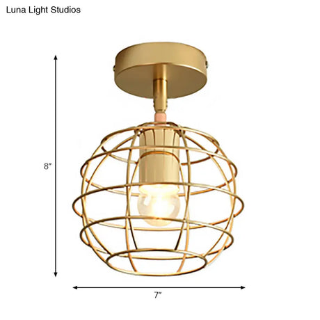 Triangle Brass Semi - Flush Bedroom Ceiling Lamp With Industrial Wire Frame
