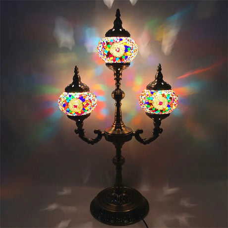 Trident Night Light - 3-Light Traditional Beige/Orange/Blue Multi-Stained Glass For Bedside Beige
